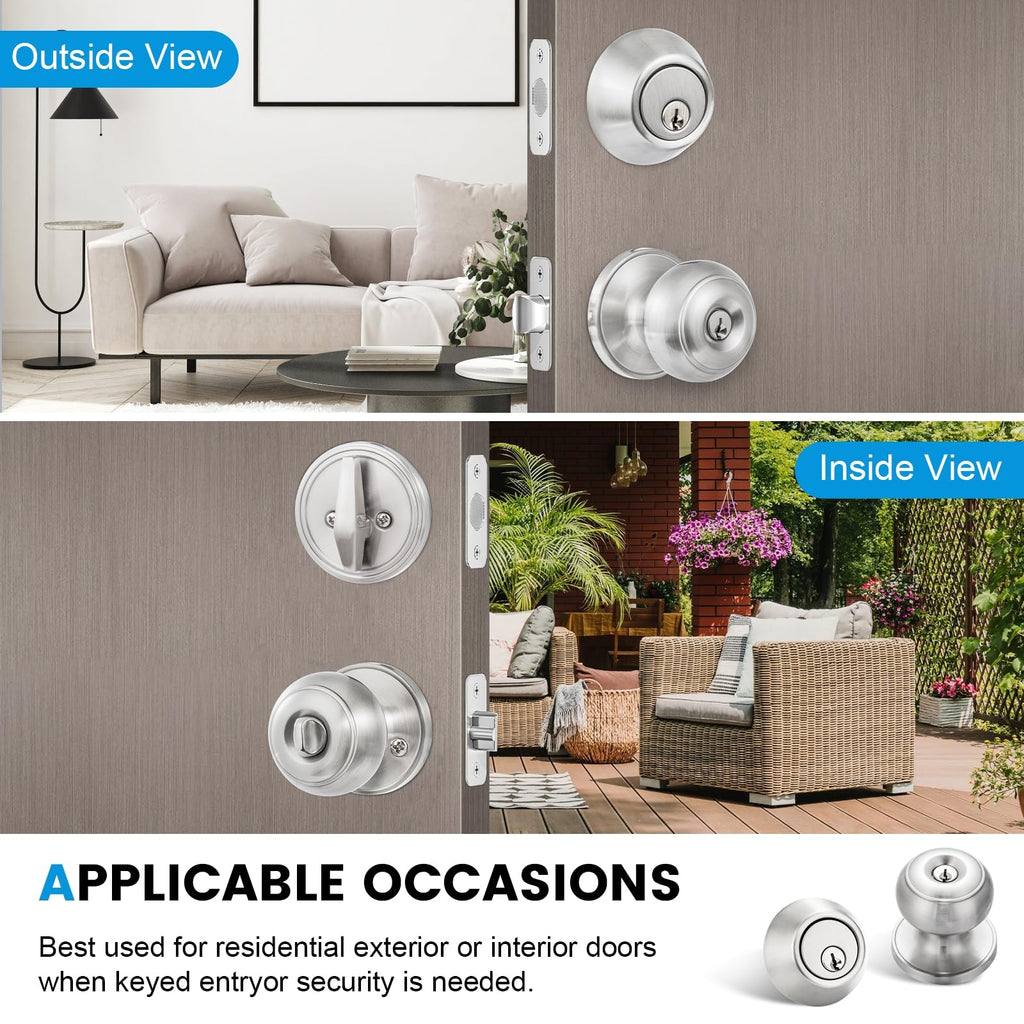 2 Pack Entry Door Lock and Single Cylinder Deadbolt Combo Set, Keyed Alike Satin Nickel Exterior Door Knobs with