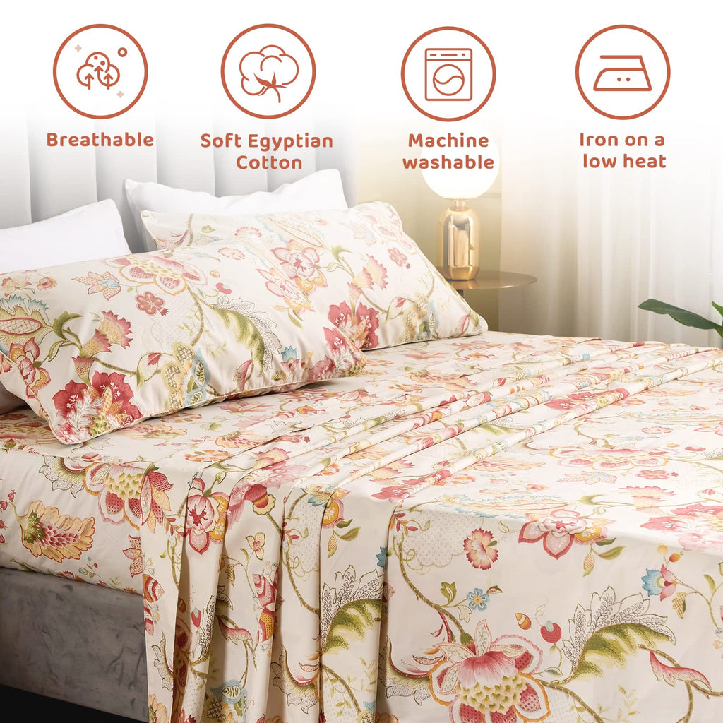 Floral Bed Sheets Set - Boho Lotus Print Bed Sheet Set - Extra Soft and Breathable 100% Egyptian Cotton