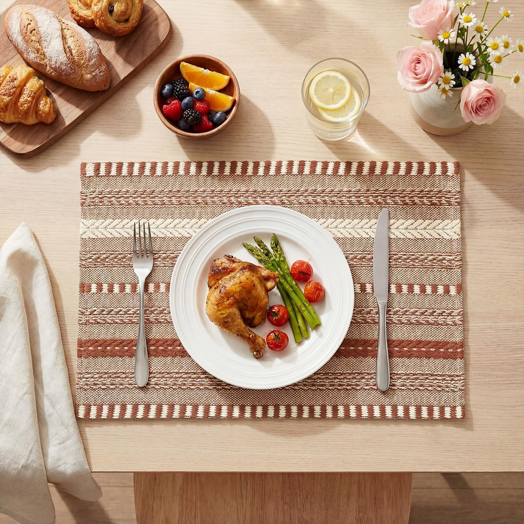 Caramel Farmhouse Woven Braided Stripe Placemats,12x18 Inch Seasonal Holiday Table Mats Party Kitchen Dining - Set of 6