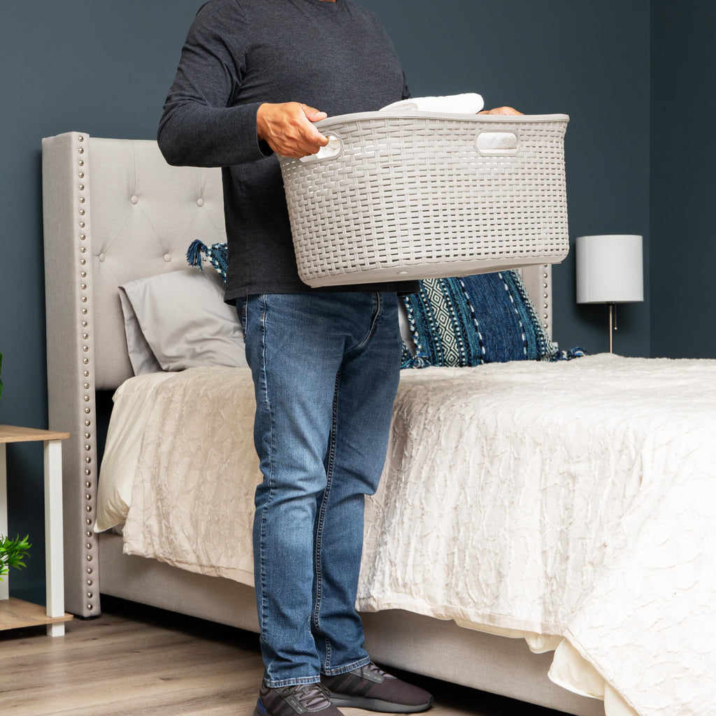 40L Laundry Basket, Clothes Hamper, Premium Wicker Design, Plastic, Set of 2, Ivory