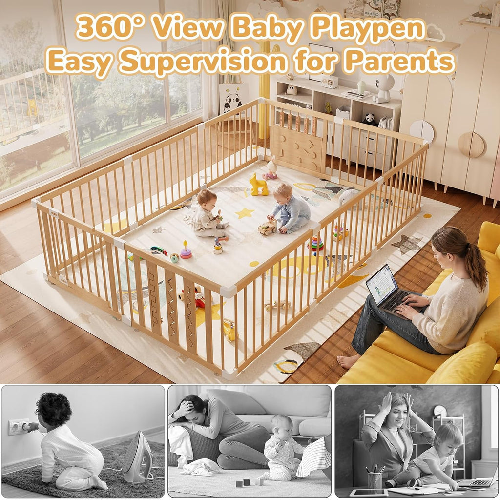 Wooden Baby Playpen, 96"x64" Extra Large Play Yard for Toddlers | Natural Wood Playpen with Child-Proof Lock, Easy