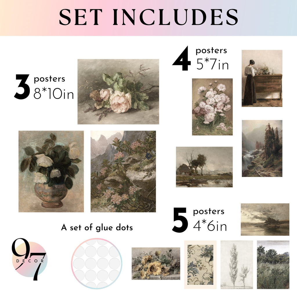 Vintage French Country Wall Art, 12 Prints, Brown Frame