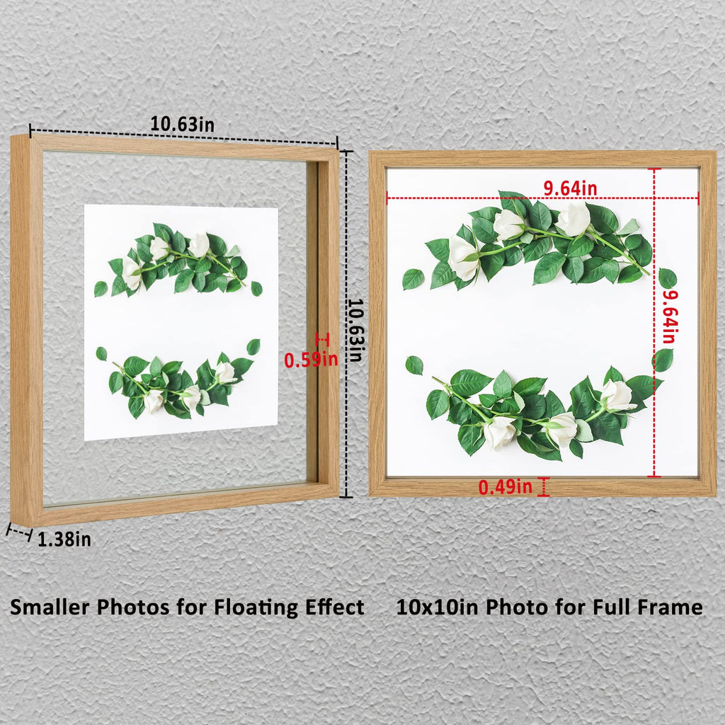 10x10 Floating Frame Set of 2, Double Glass Square Photo Frame, Display Any Size Photo up to 10x10, Wall Mount or