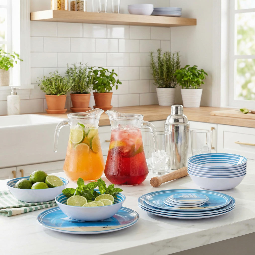 Outdoor Melamine Dinnerware Set for 4, 12-Piece Sailboat Plates and Bowls