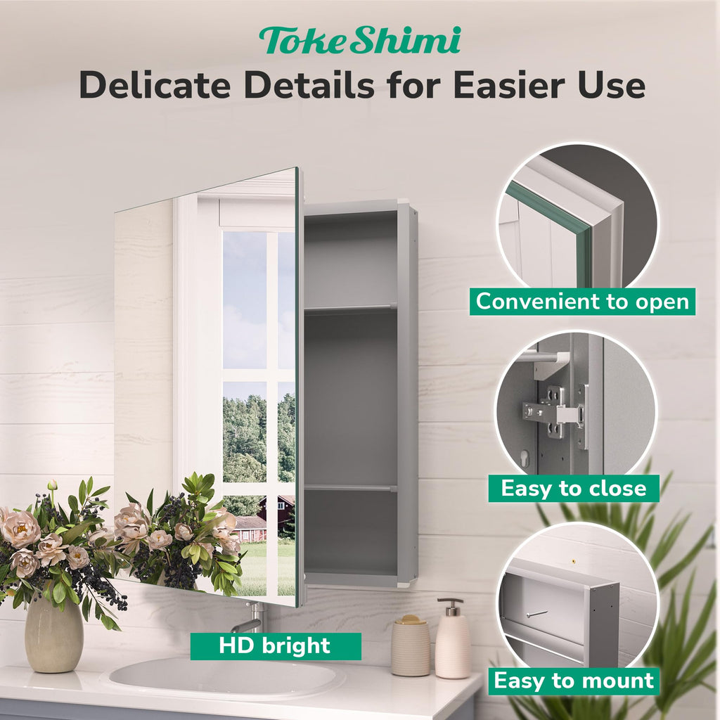 16x24 Bathroom Medicine Cabinet with Mirror, Aluminum Silver Recessed or Surface Mount with Adjustable Storage Metal