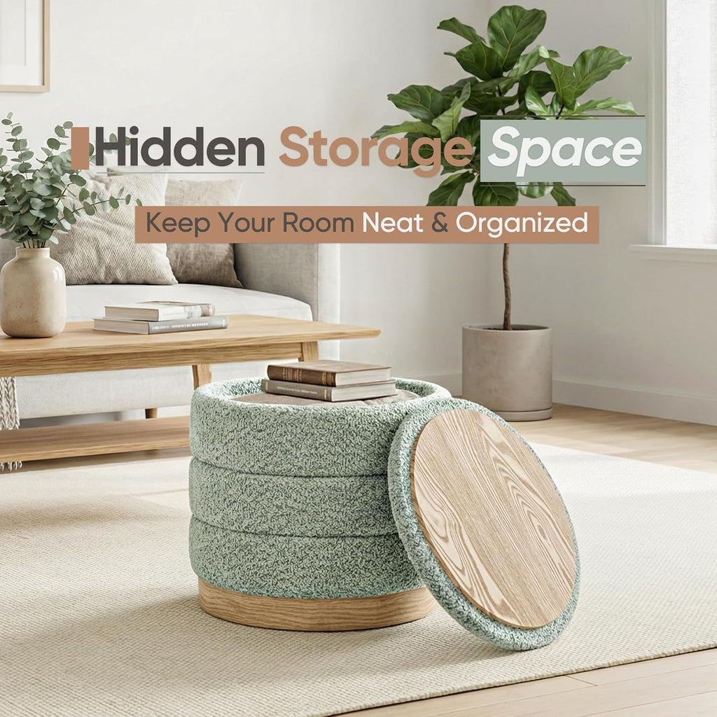 Round Storage Ottoman with Reversible Tray Lid, Folding Chenille Fabric Footrest with Hidden Storage, 15.4" Footstool