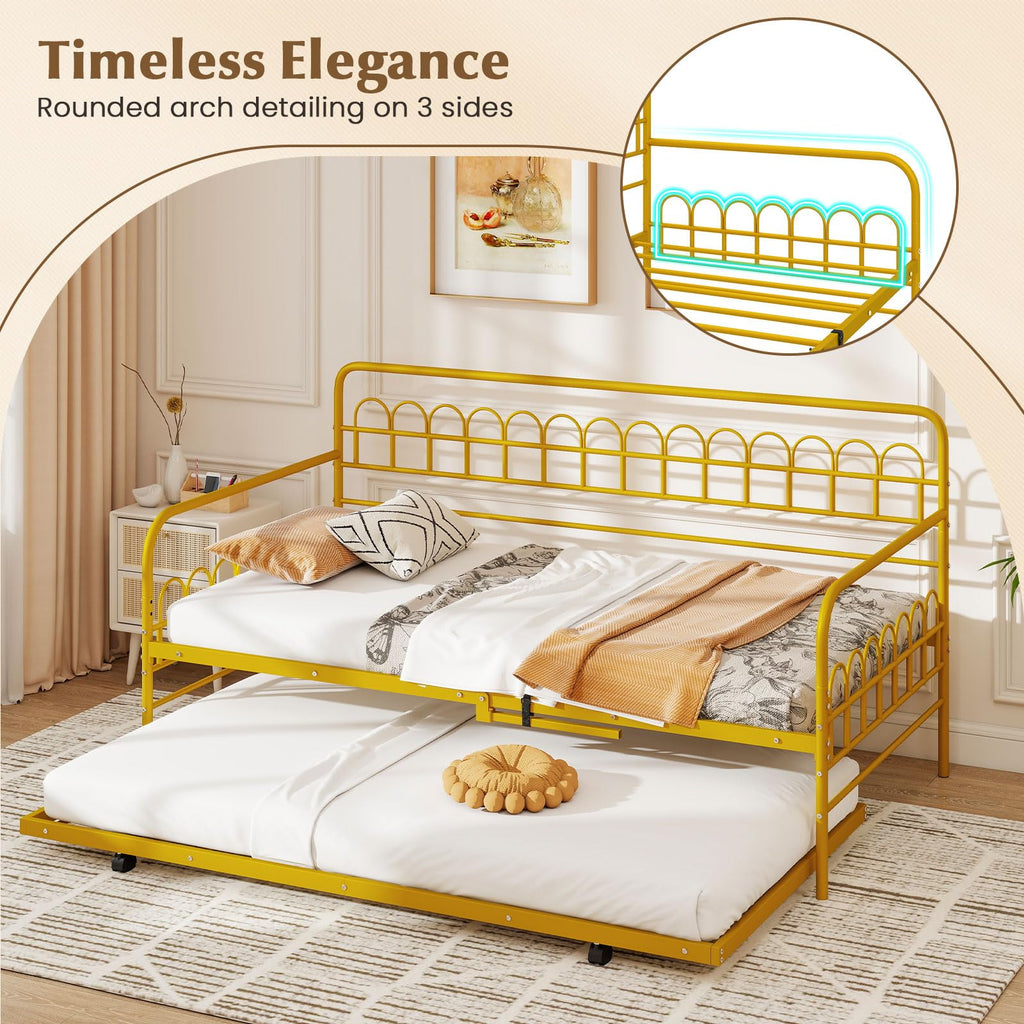 Twin Daybed with Trundle Gold, Metal Day Bed with Convenient Pull-Out Trundle Bed, Metal Slats, Lockable Universal