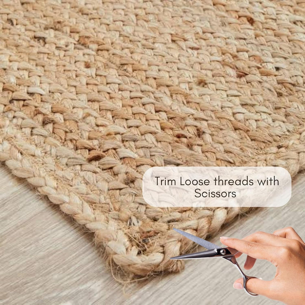 Handwoven Jute Area Rug - 8x10 Feet Natural Yarn - Rustic Vintage Beige Braided Reversible Rectangular Rugs - Kitchen
