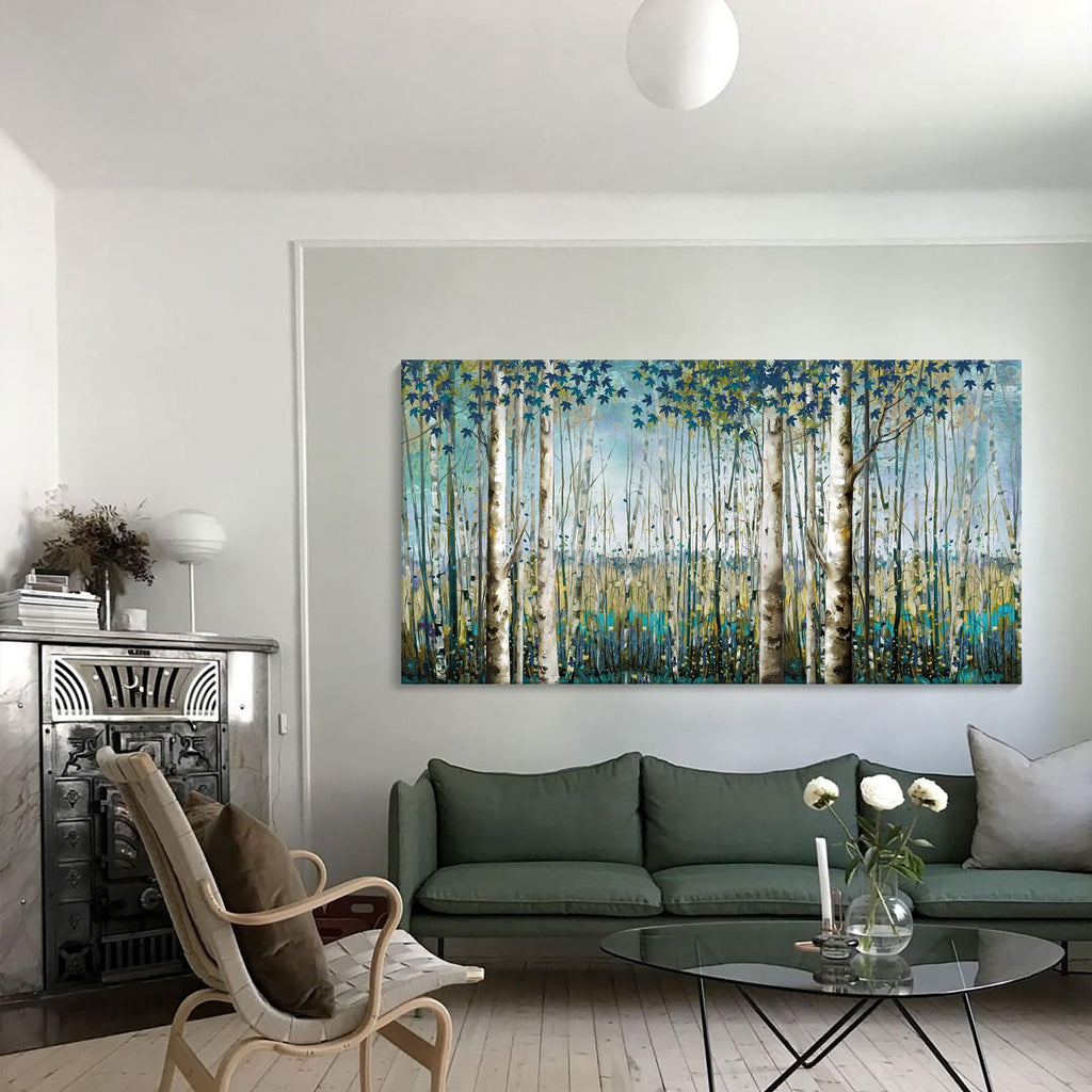 Large Framed Birch Tree Canvas Wall Art Nature Painting Decor | Teal Artwork, and Office Pictures 24×48IN