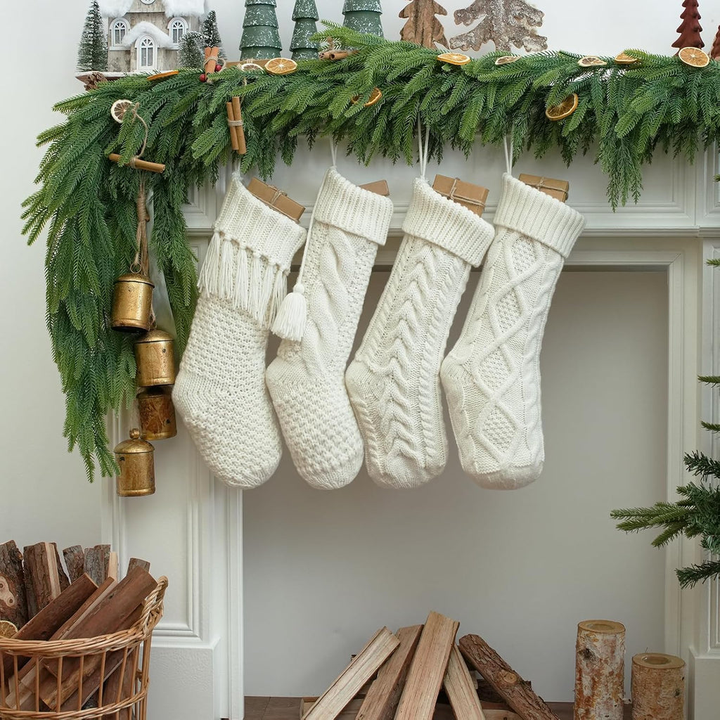 4 Pack White Knit Christmas Stockings - Large 18" Rustic Farmhouse Vintage Cable Knit Holiday Stockings, Cream Ivory
