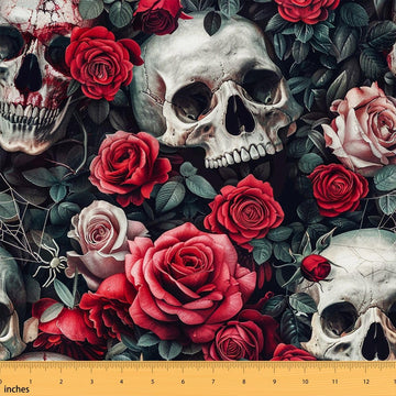 Red Rose Fabric by The Yard Human Skull Gothic Style No Stretch Fabric for Sewing Supplies Vintage Flower Romantic