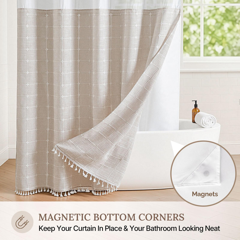 RiverDream Farmhouse No Hooks Shower Curtain with Snap-in Liner, Linen, 54x80