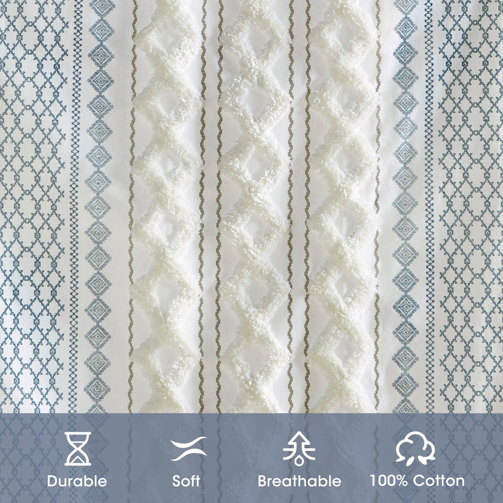 100% Cotton Boho Window Curtain, Single Panel, 50x84 White/Navy