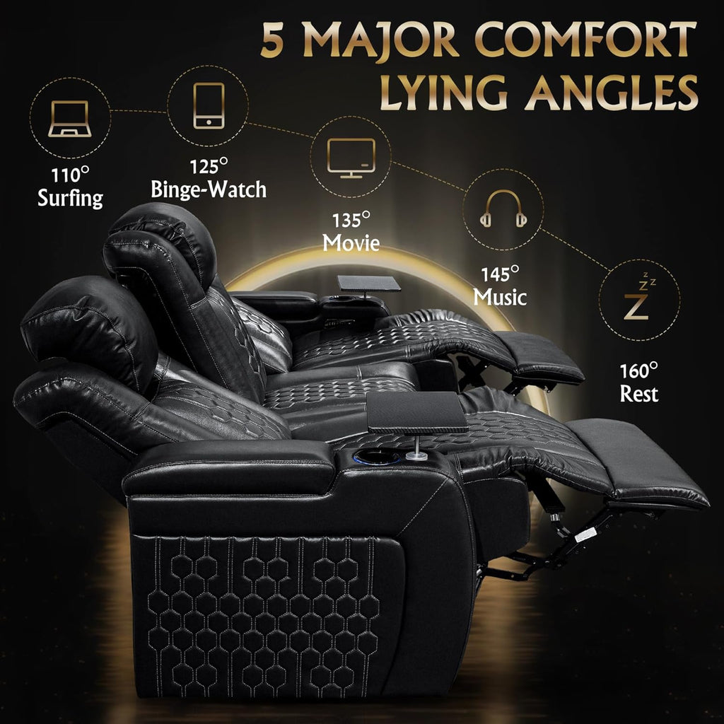Home Theater Seating, Living Room, Powered Headrest, Powered Lumbar, Italian Leather, Powered Recline (Black