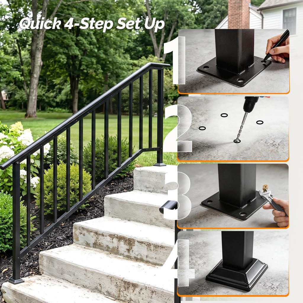 Handrails for Outdoor Steps Fits 5-6 Steps, Stair Handrail with Drainage Holes & Straight Ends, Wrought Iron Hand