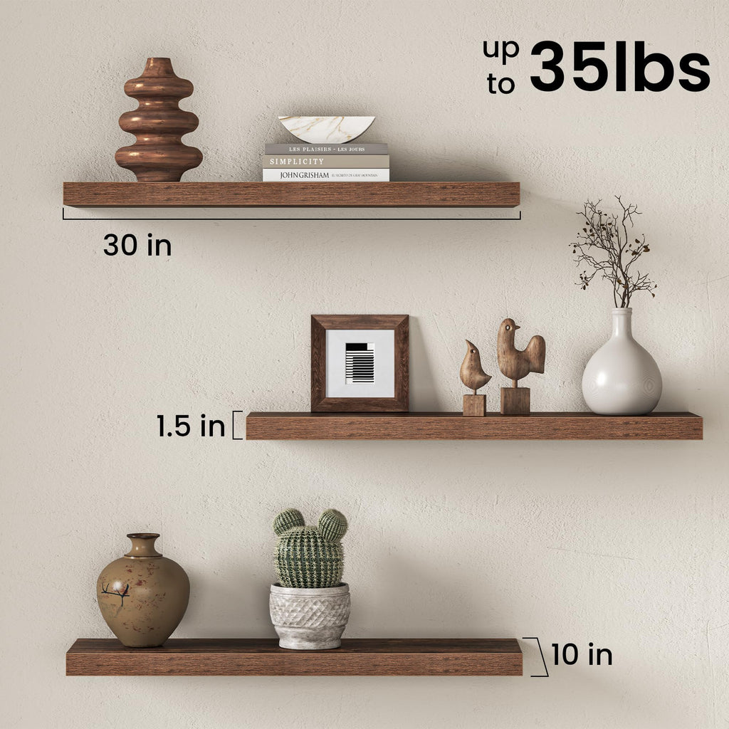 10 Deep Floating Shelves for Wall, 30W x 10D Large Wooden Shelves for Wall, Hanging Shelves Bathroom Toilet Laundry