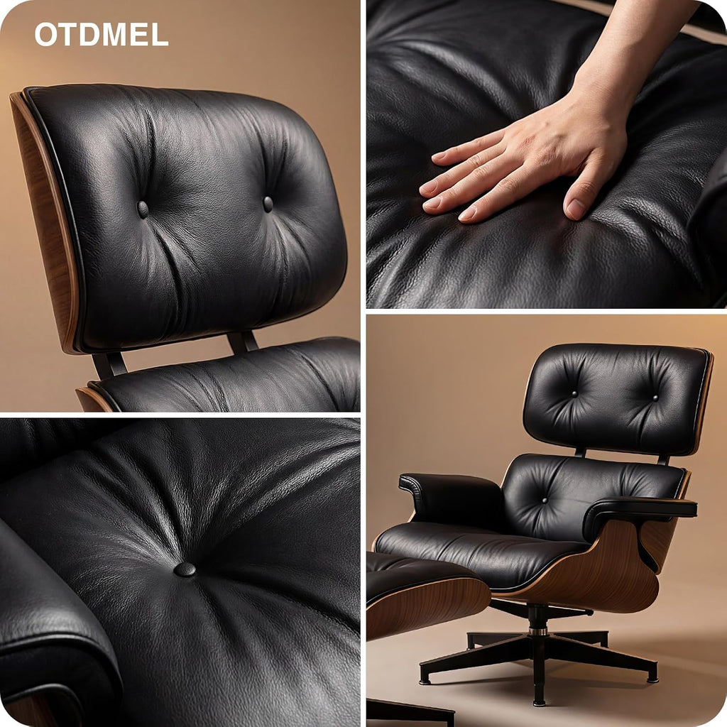 Mid Century Modern Top Grain Leather Chaise Lounge Chair & Ottoman