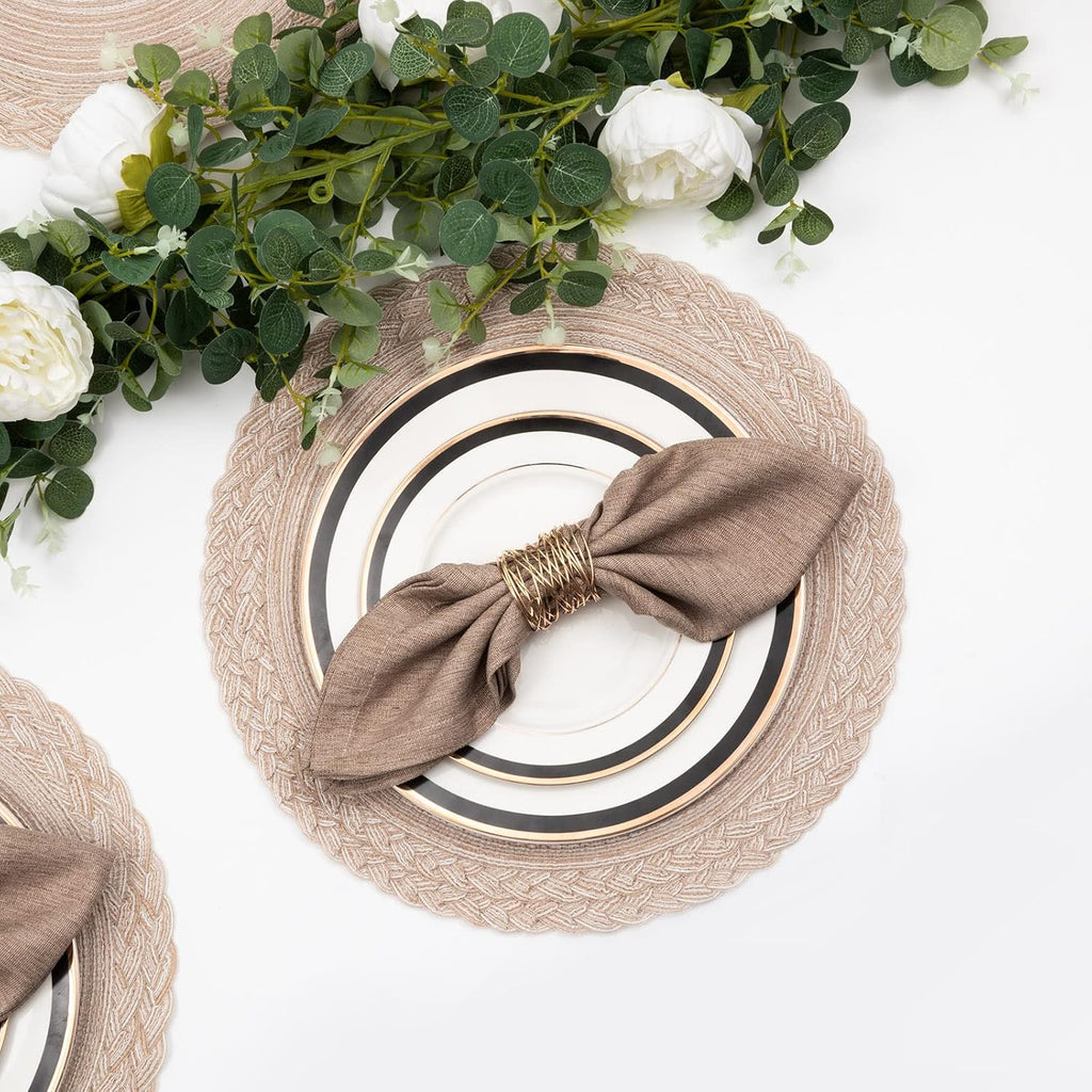 15 inch Round Placemats Boho Woven Braided Border Table Mats Washable Heat Resistant Circle Place Mats - Set of 6