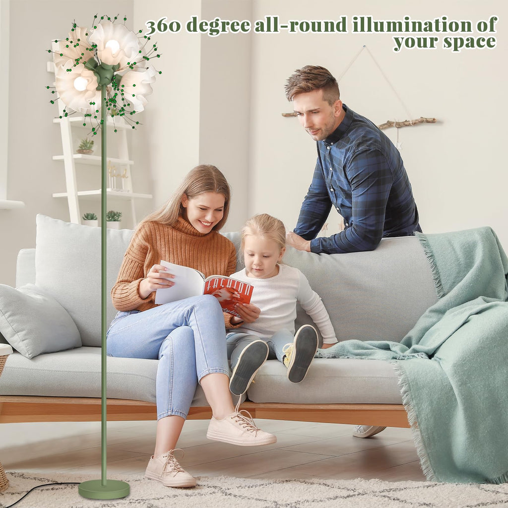 Flower Floor Lamp, Tall Crystal Floor Lamp with 6 LED Blubs, Green Floral Floor Lamps with 3 Color Temperatures