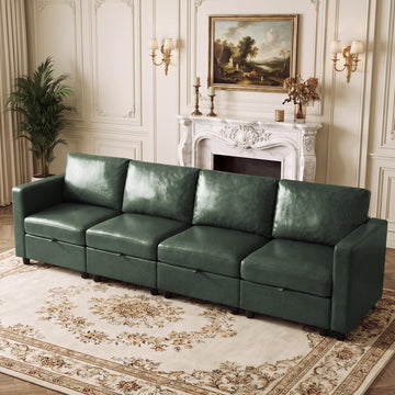 Modular Sectional Couch, 107" Faux Leather Storage 4 Seat Sofa, Green