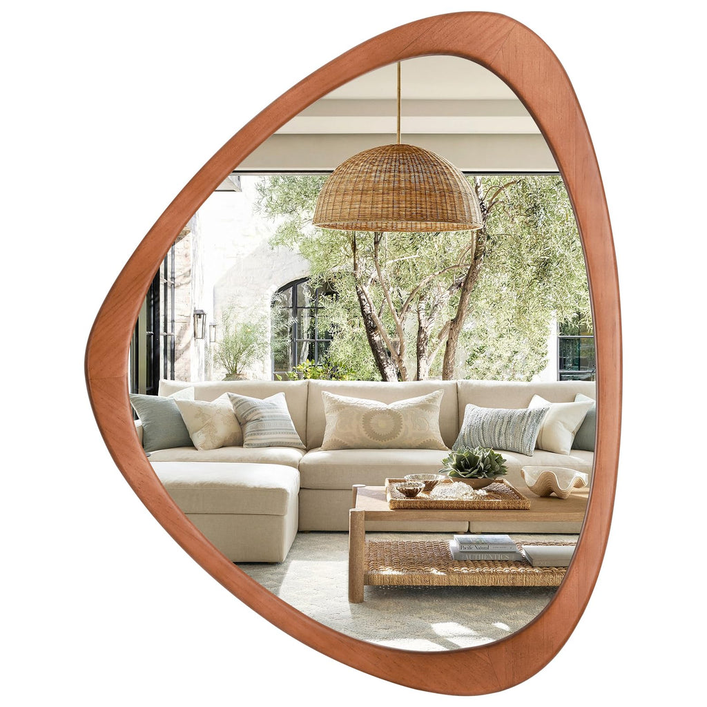 25 x 20 Asymmetrical Mirror, Irregular Wooden Wall Mirror - Boho Mid Century Modern Decorative, Solid Wood Frame