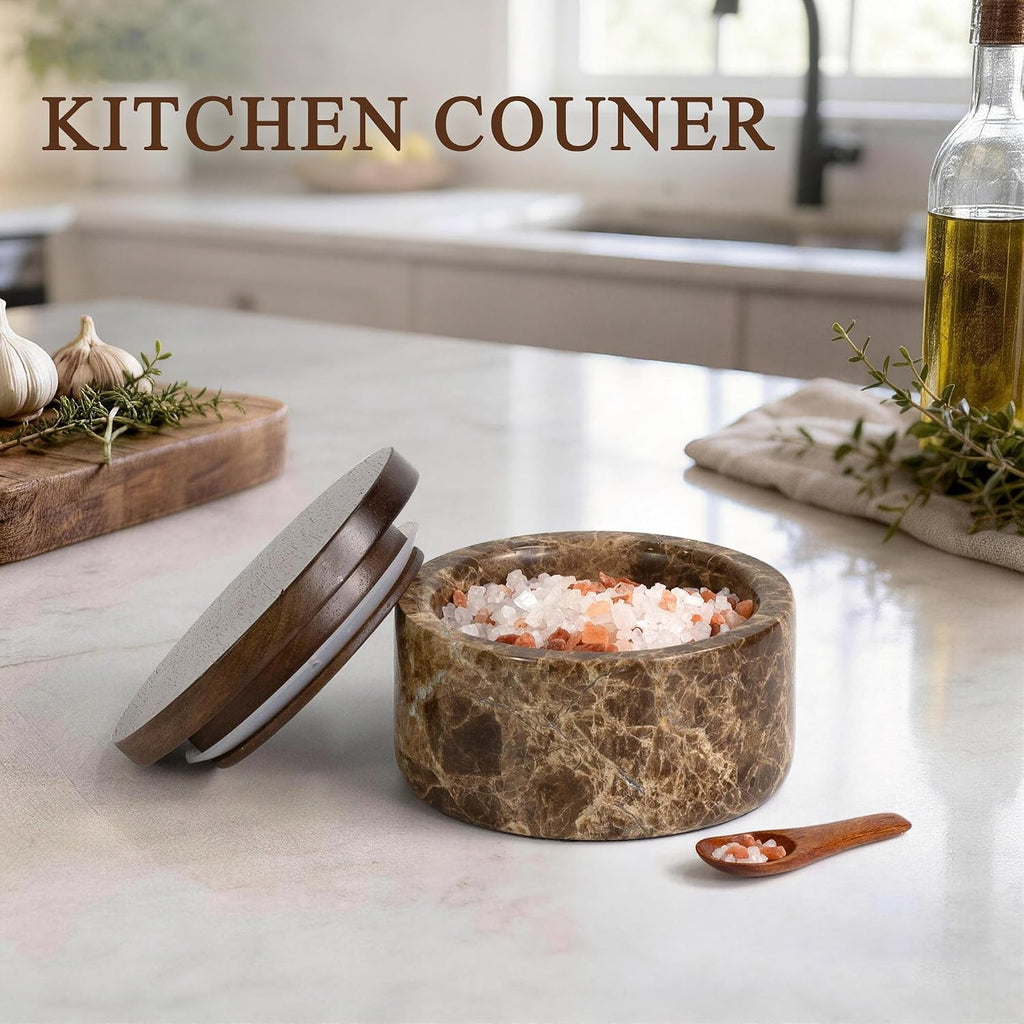 Marble Salt Cellar with Acacia Wood Lid & Spoon Brown 4" salt container