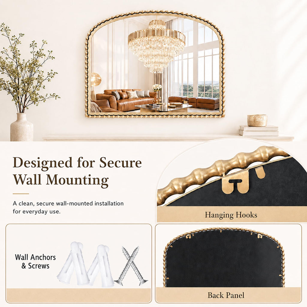 40"x30" Wide Arch Wall Mirror, Antique Gold Bold Beaded Frame