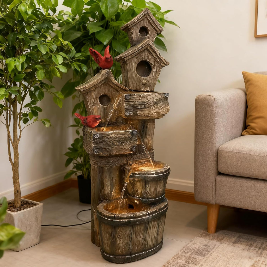 35" Tall Outdoor 4-Tier Birdhouse Floor Standing Water Fountain with LED Lights