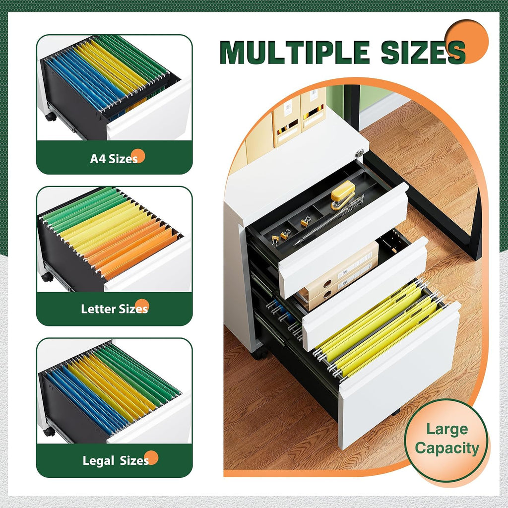 3 Drawer Mobile File Cabinet with Lock, Under Desk Metal Filing Cabinets Organizer Letters/Legal/A4(Fully