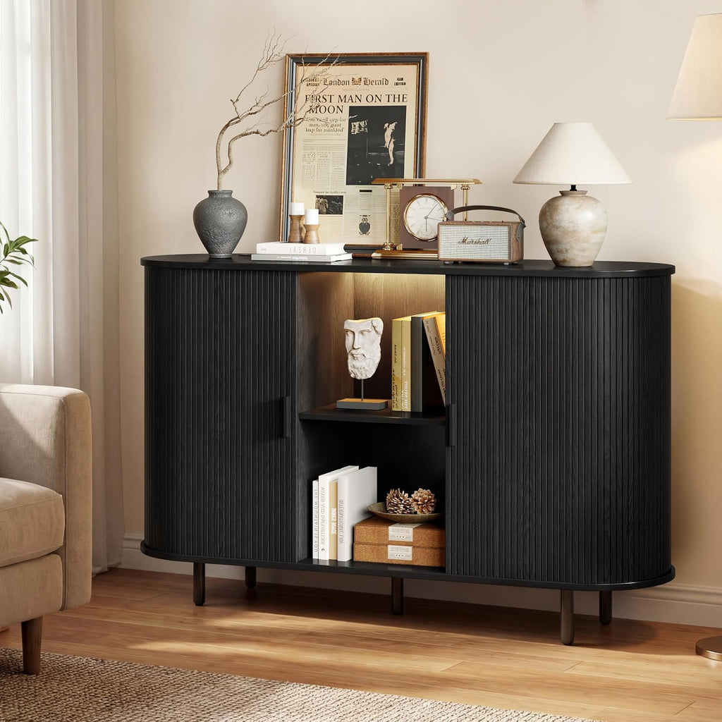 55" Wine Bar Cabinet with LED Light & Power Outlet, Black | Modern Flute Liquor Coffee Station with Wine Rack, Glass