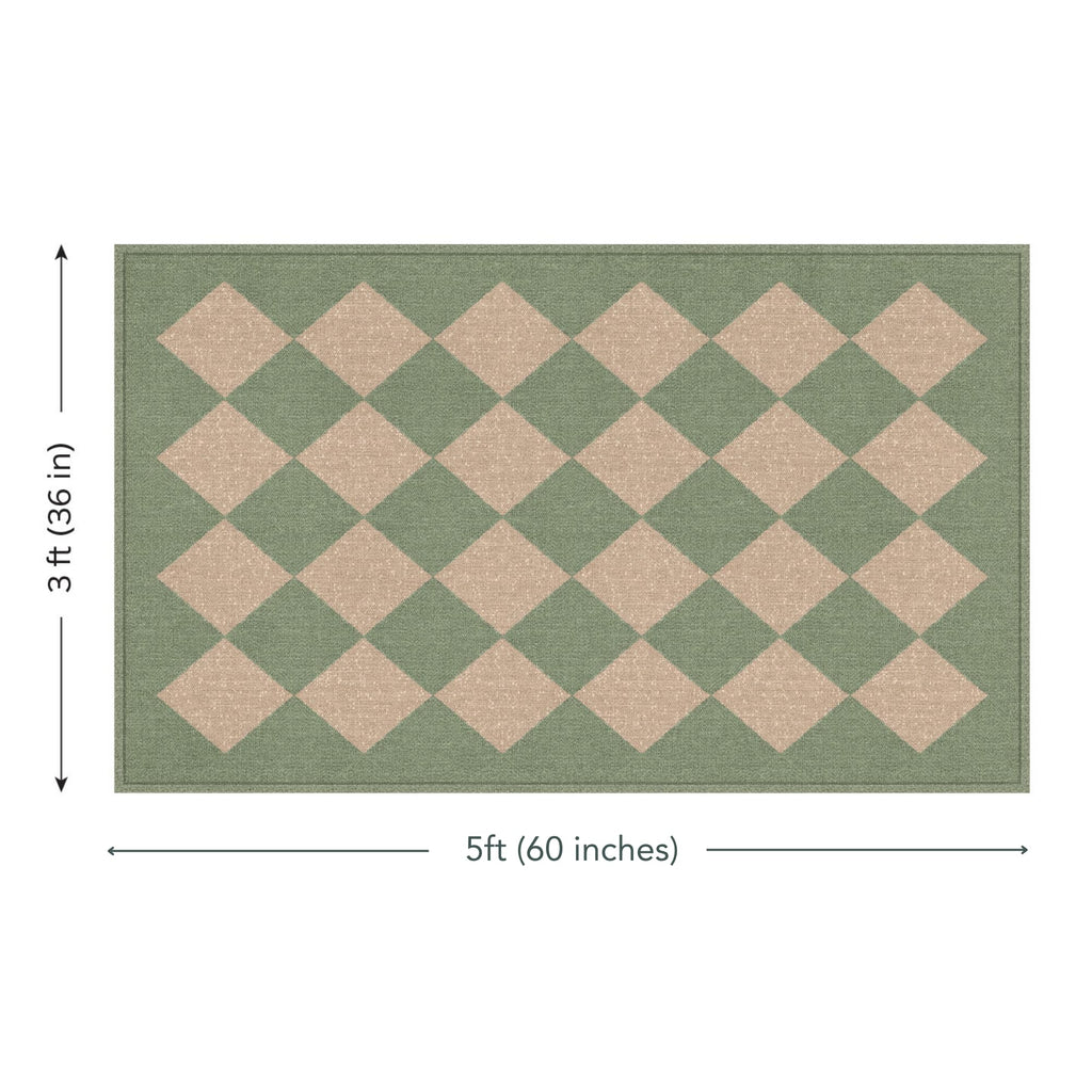 Vinyl Floor Mat - Green & Cream Checkered Pattern - Waterproof Non-Slip Kitchen Rug - Hard Floor Safe