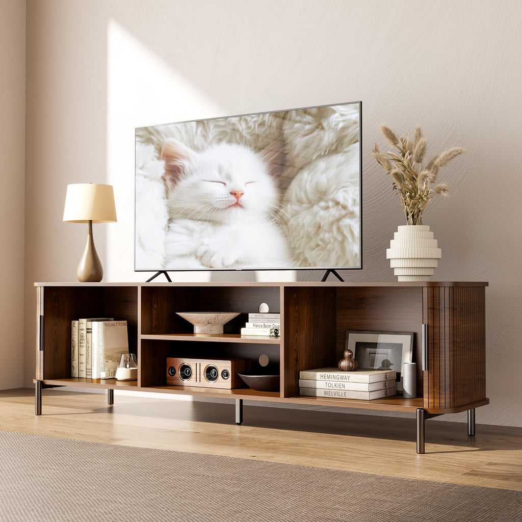 70" Mid-Century Fluted TV Stand with Storage up to 80 Inch, Walnut