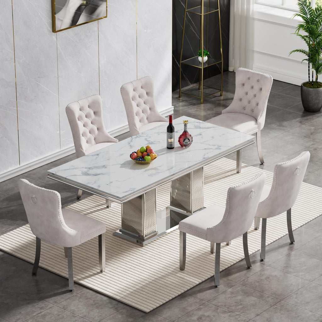 68" Faux Marble White Silver Dining Table for 6, Modern Dining Room Table with 0.71" Marble Printing MDF Top and Dual