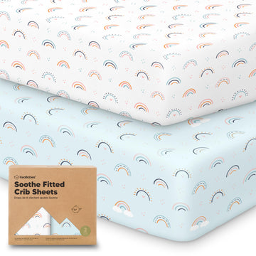 2pk Organic Cotton Crib Sheets for Boys Girls 52x28, Jolly Rainbow