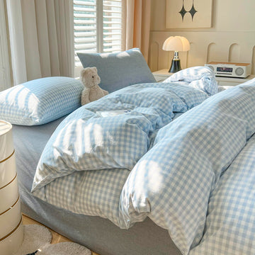 Blue Gingham Comforter Down Alternative Washed Cotton Bedding Set Boho Fluffy Cozy Cute Bedding Comforter Sets