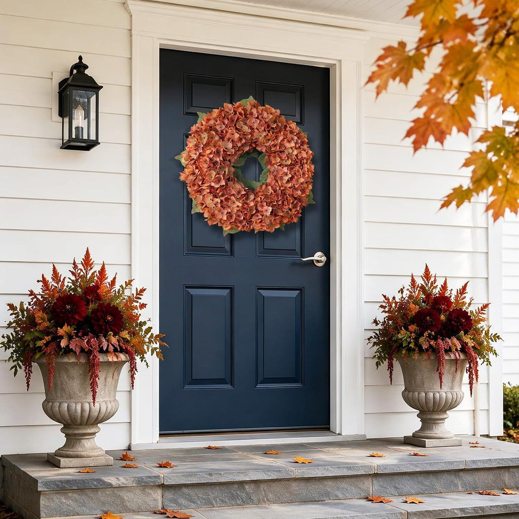 21" Artificial Fall Hydrangea Flower Wreath for Front Door Decor(Orange)