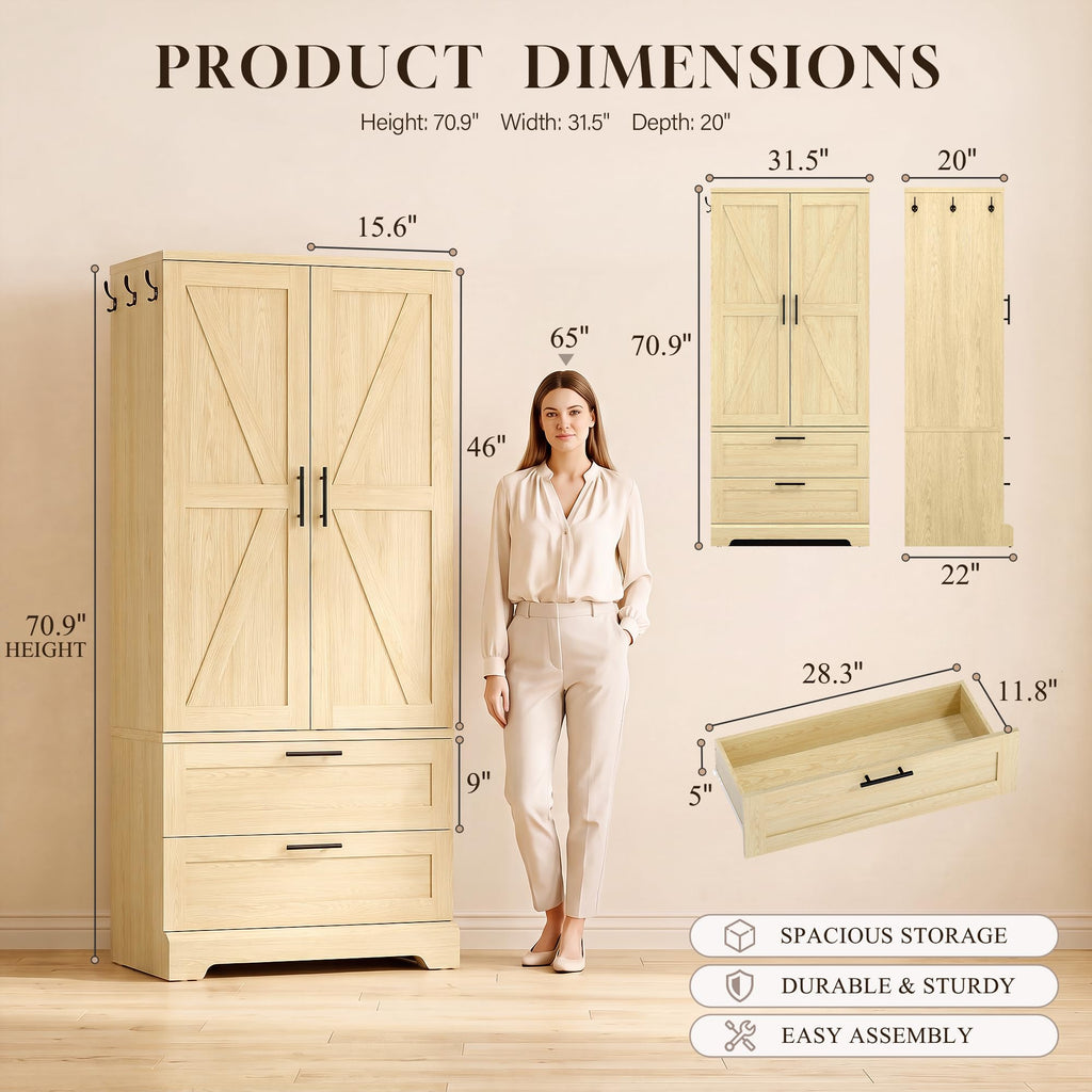 70.9" Wardrobe Closet with Sensor Light, 2 Drawers (Oak)