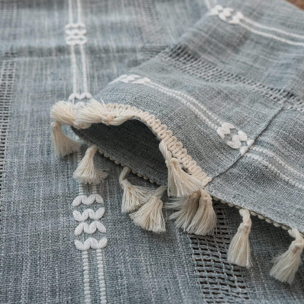 Boho Embroidery Striped Farmhouse Curtains - 84 Inch Long, 2 Panel Set, Blue Linen, Tassel, Semi-Blackout (52" W x
