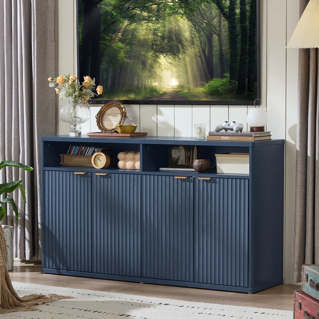 55-Inch Fluted Buffet Cabinet with 4 Doors, Dark Blue