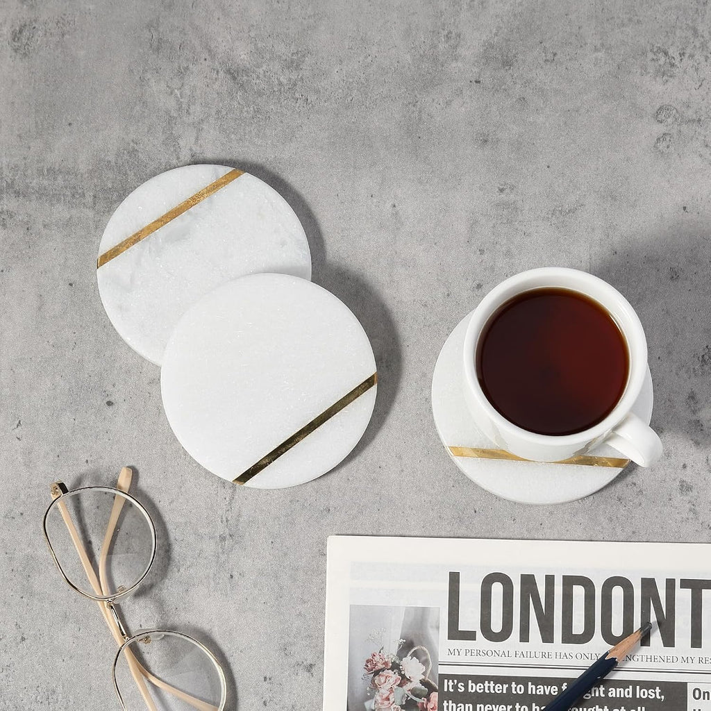 Marble Coaster, Round Coasters, 4" Stone Coaster for Drinks Coffee, White Marble with Gold Brass Coasters - Set of 4