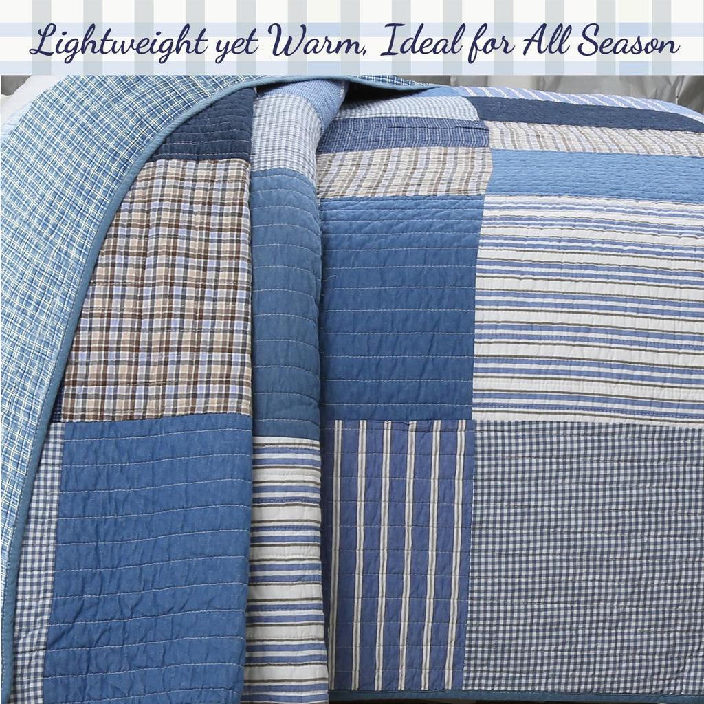 Line Home Fashions Navy Blue Brown Tan Plaid Striped 100% Cotton Reversible Quilt Bedding Set, All-Season Coverlet