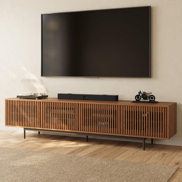 Mid-Century Modern TV Stand with Slatted Doors, Fully Assembled 94.49" Wood Media Console, TV Console with Tall-cast