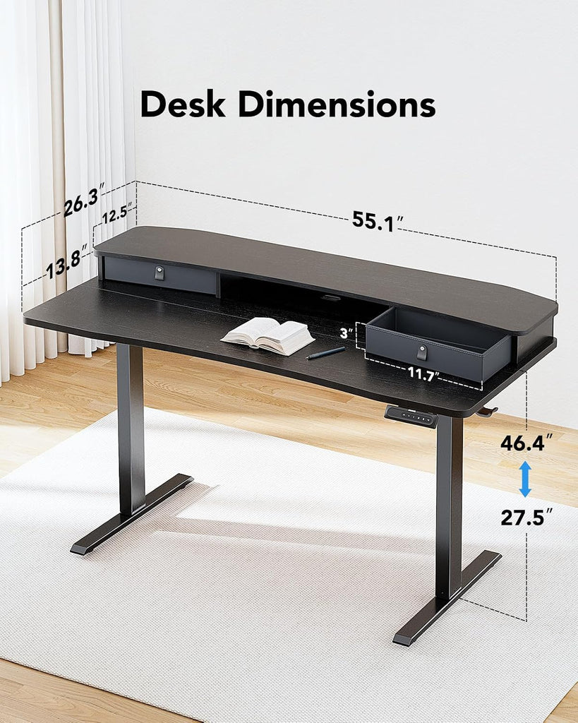 55′′ x 26′′ Electric Standing Desk with 2 Drawers, C-Clamp Mount Compatible, Height Adjustable Computer Desk, Home