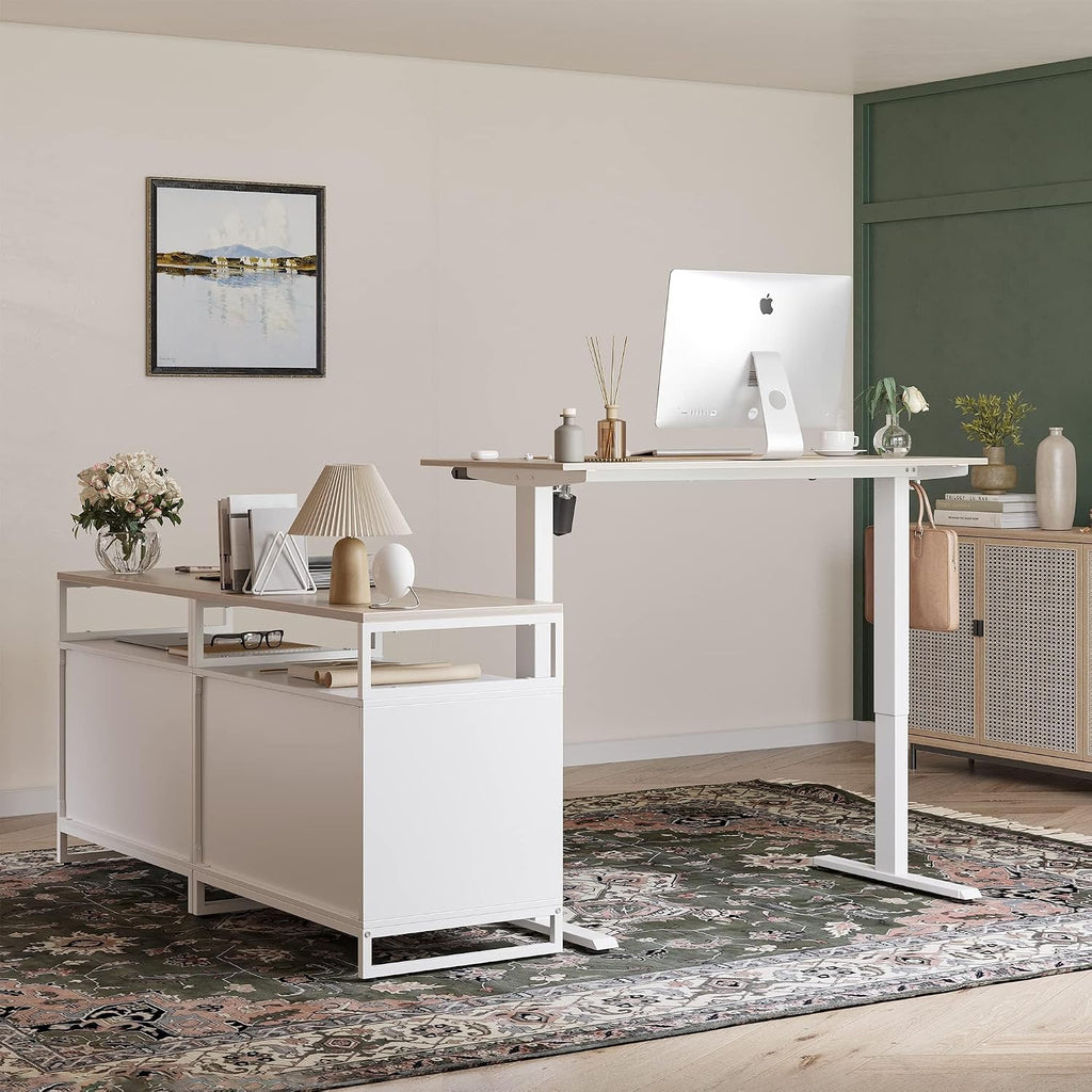 Electric L Shaped Standing Desk with Storage, Executive Desk Adjustable Height, Light Walnut