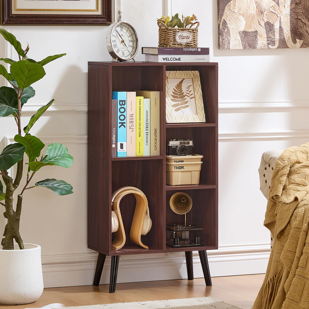 5 Cube Bookshelf, Mid-Century Modern Book Shelf with Legs, Walnut