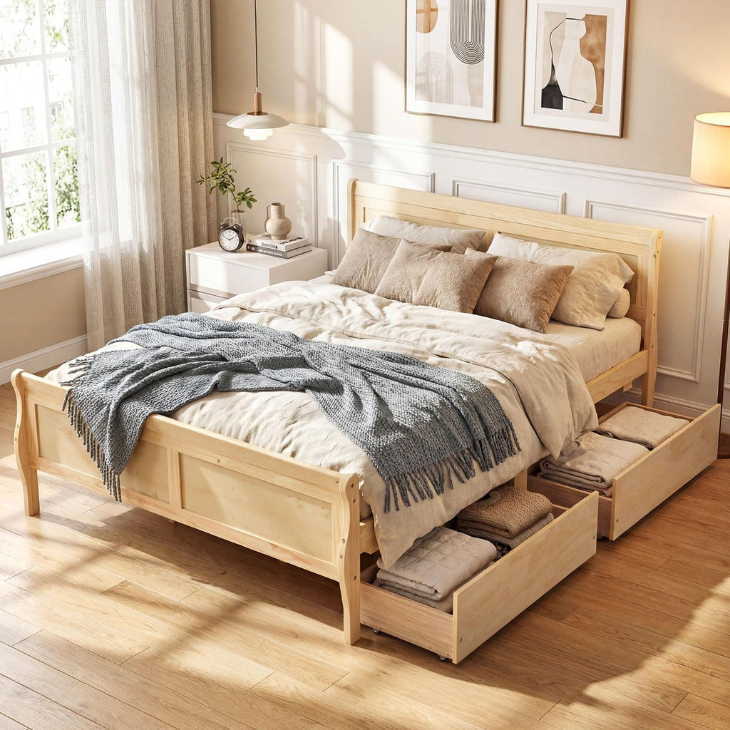 Full Bed Frame with 2 Storage Drawers, Wood Platform Bed with Headboard & Footboard, Wooden Slats Support Mattress