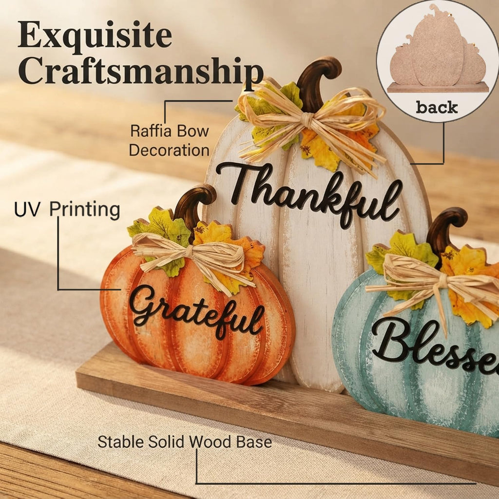 Fall Pumpkin Decor with LED Lights, Wooden Thanksgiving Table Sign "Blessed Grateful Thankful", Rustic Harvest Home - Set of 3