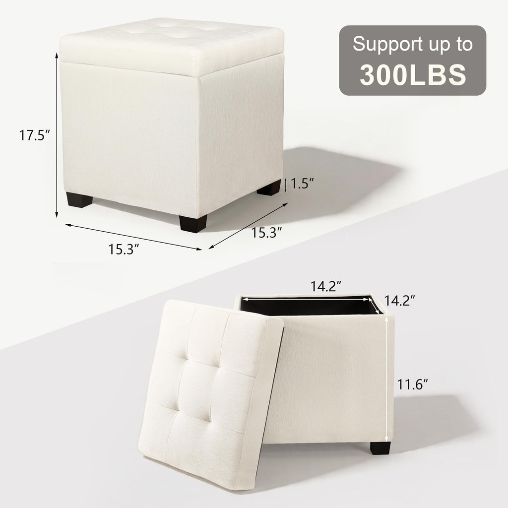 15 inch Square Storage Ottoman with Tray Lid, Modern Tufted Fabric Cube Coffee Table with Storage, Upholstered Ottoman