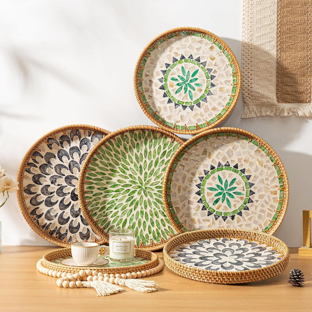 14 inch Round Rattan Tray Home Decor, Wicker Serving Tray with Mother of Pearl Inlay, Boho Decorative Tray for Coffee