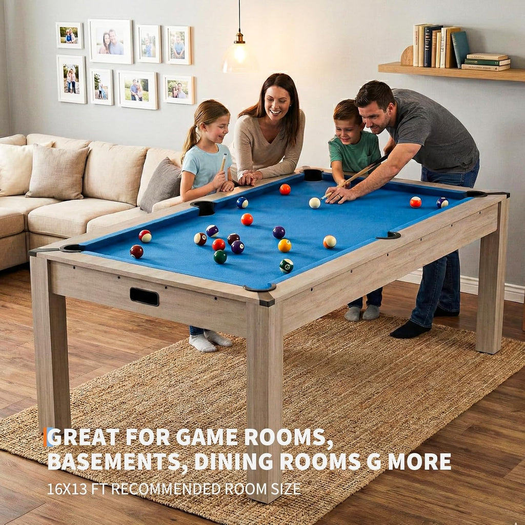 7 ft Pool Table Combo,3 in 1 Pool, Dining, & Table Tennis with Full Accessories,HDF Wood Grain Finish & Chrome Accents